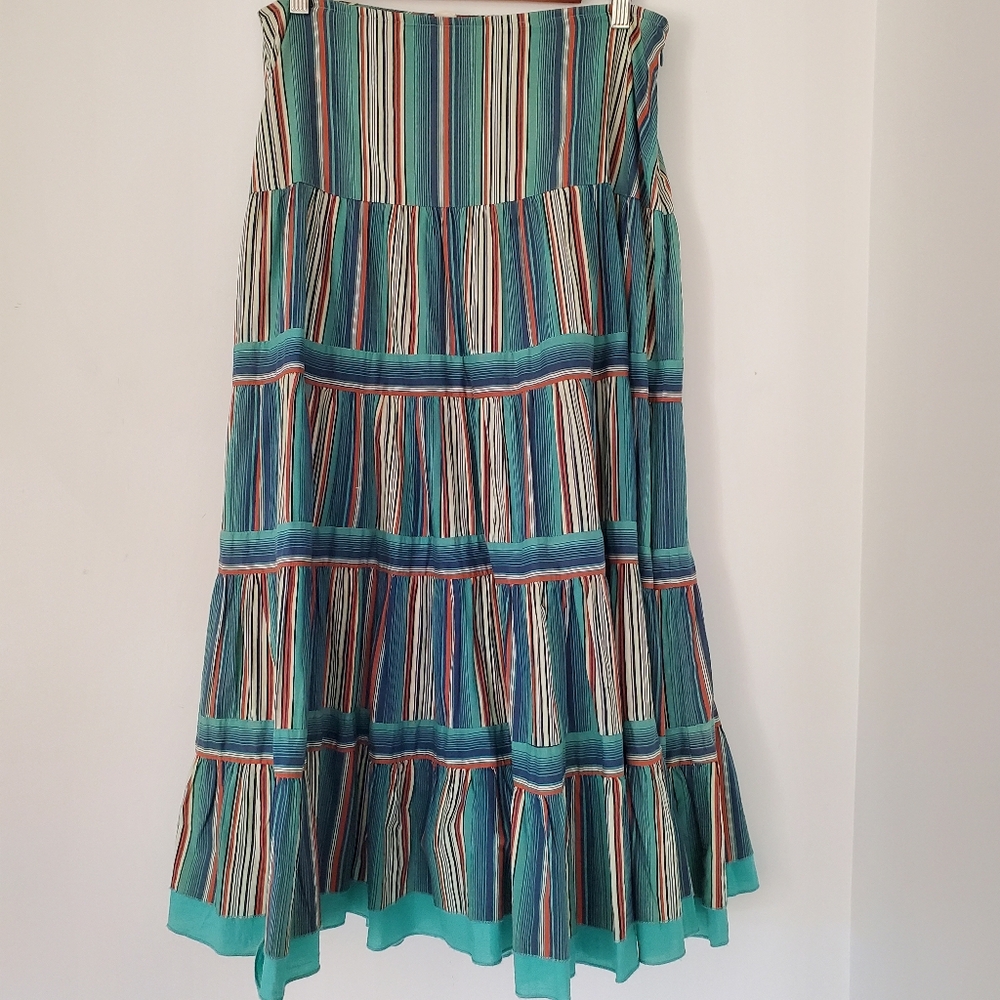 Boho Hippie Blue Green Multi Stripe Midi Skirt Sz 4 Cotton Side Zip Full Tiers